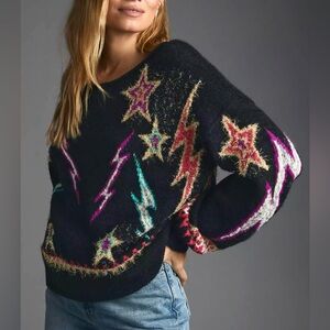 Anthropologie Pilcro Sparkle Star Pullover Sweater XS Black Metallic Celestial